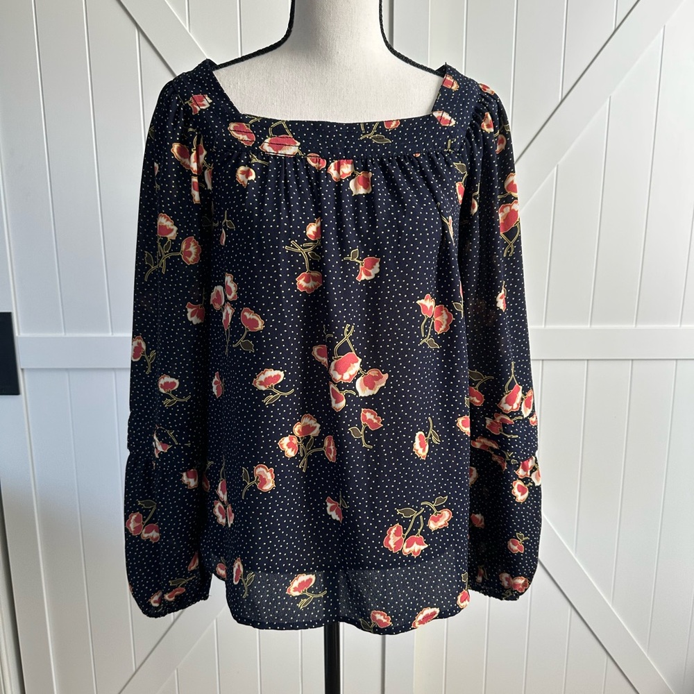 LC Lauren Conrad Navy Floral Blouse Medium Polka Dot Square Neck Long Sleeve Top